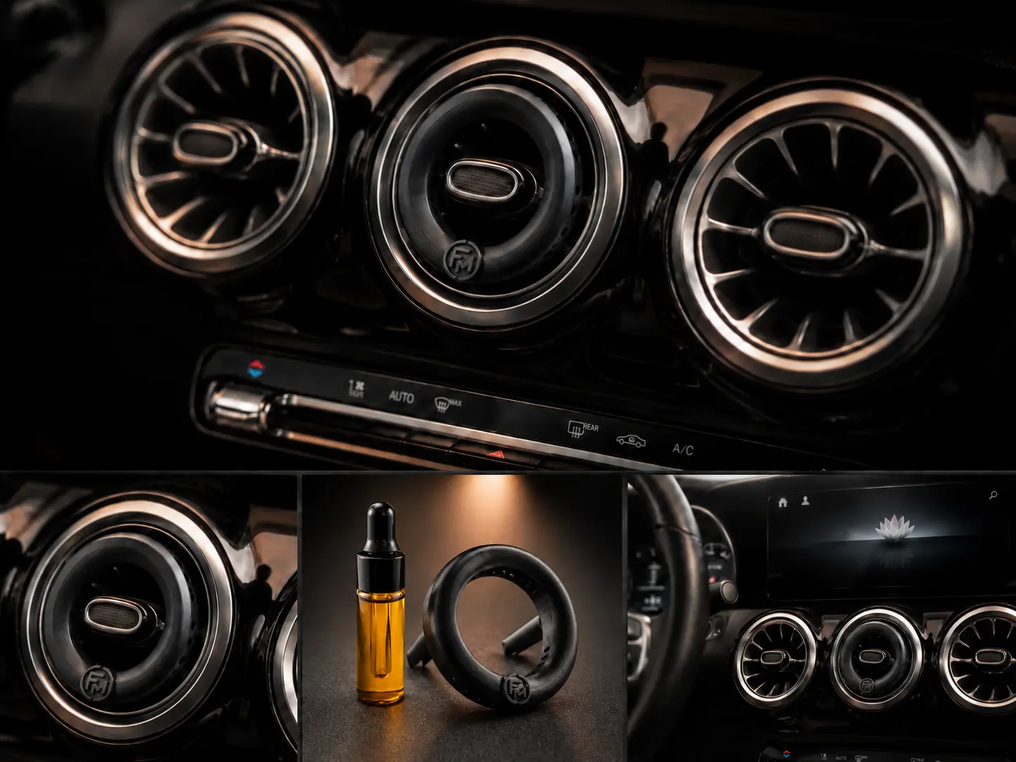 Collage of Floamen integrated into turbine-style vents and displayed beside its fragrance bottle